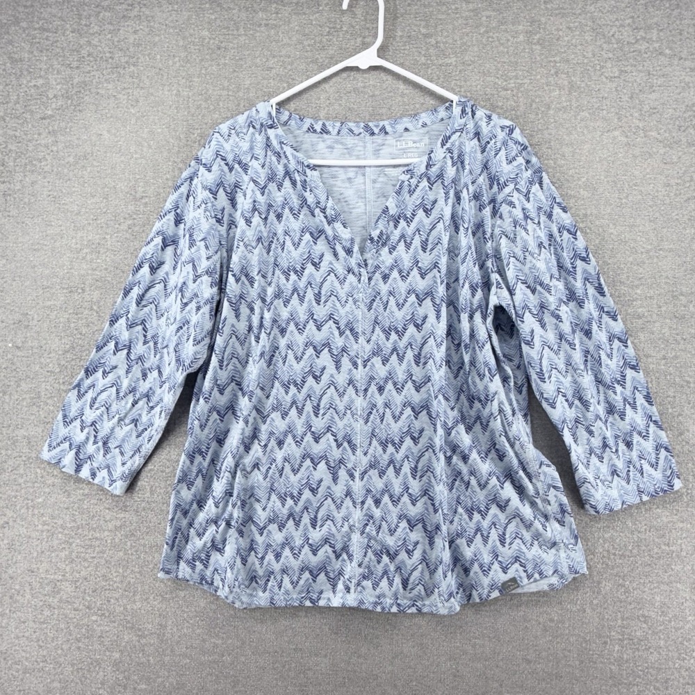 LL Bean 3/4 Sleeve Pullover Top Women Size Large Blue Geometric Casual